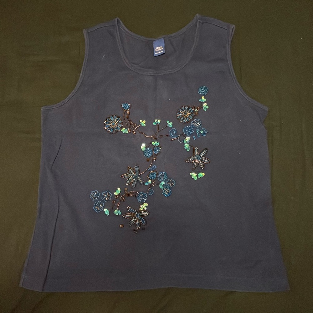 4/$20 | High Sierra Embroidered Tank Top with beads and sequins, floral branch